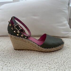 Valentino Rockstud Leather and Jute  Wedge Espadrilles, Size 41, Green